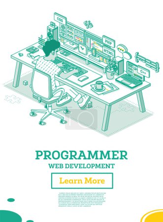 Illustration for Programmer. Frontend or Backend Developer Sit on Chair with Wheels in Front of Two Monitors with Code. Html, Css, Php, C++ Programming Code. Creating a Web Layout or App Template. UI UX Interface. - Royalty Free Image