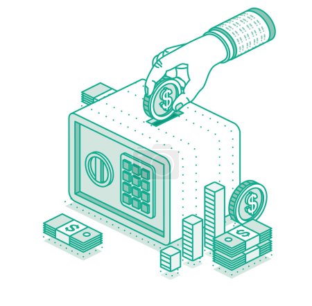 Illustration for Hand puts money in safe. Isometric concept of savings money. Dollar coin. Stack of money. Vector illustration. Outline object. Manage money and finance analytics. - Royalty Free Image