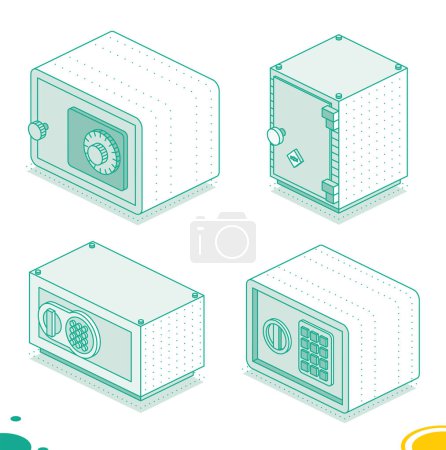 Photo for Collection of isometric safes. Outline object isolated on white background. Vector illustration. Icon of security. - Royalty Free Image