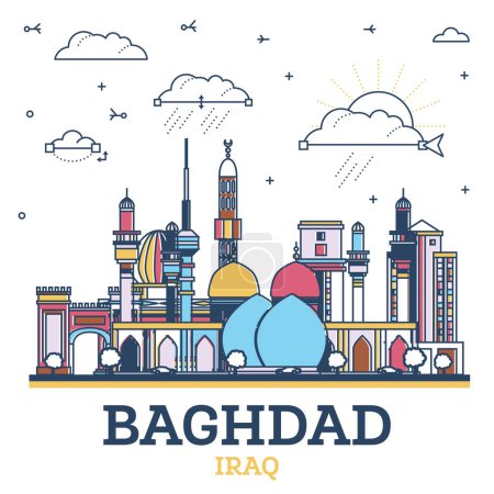 Téléchargez les illustrations : Décrivez Bagdad Iraq City Skyline avec des bâtiments historiques colorés isolés sur blanc. Illustration vectorielle. Paysage urbain de Bagdad avec des monuments. - en licence libre de droit