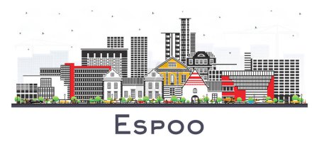 Espoo Finnland Stadtsilhouette mit farbigen Gebäuden isoliert auf weiß. Vektorillustration. Stadtbild von Espoo mit Wahrzeichen. Geschäftsreise- und Tourismuskonzept mit moderner und historischer Architektur.