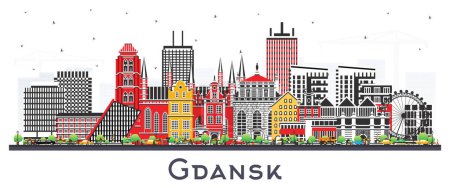Téléchargez les illustrations : Gdansk Pologne skyline de la ville avec des bâtiments de couleur isolés sur blanc. Illustration vectorielle. Paysage urbain de Gdansk avec des monuments. Concept de voyage d'affaires et de tourisme à l'architecture moderne et historique. - en licence libre de droit