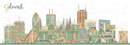 Téléchargez les illustrations : Gdansk Pologne skyline de la ville avec des bâtiments de couleur. Illustration vectorielle. Paysage urbain de Gdansk avec des monuments. Concept de voyage d'affaires et de tourisme à l'architecture moderne et historique. - en licence libre de droit