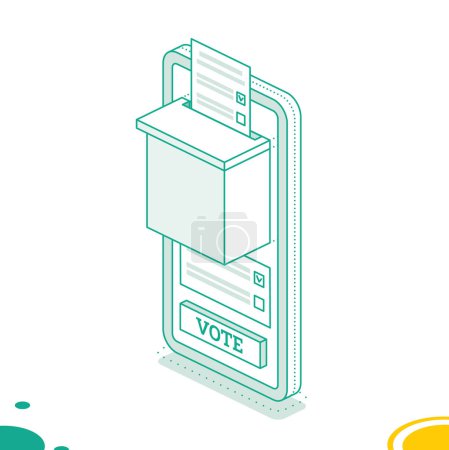 Illustration for Isometric online voting and election concept using the smartphone. Vector illustration. Smartphone with vote on screen. People vote online using mobile app to choose their candidate. - Royalty Free Image
