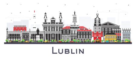 Lublin Polen Stadtsilhouette mit farbigen Gebäuden isoliert auf weiß. Vektorillustration. Lubliner Stadtbild mit Sehenswürdigkeiten. Geschäftsreise- und Tourismuskonzept mit moderner und historischer Architektur.