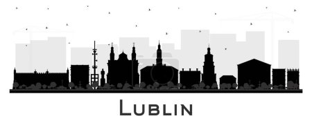 Lublin Polen Silhouette der Stadt mit schwarzen Gebäuden isoliert auf weiß. Vektorillustration. Lubliner Stadtbild mit Sehenswürdigkeiten. Geschäfts- und Tourismuskonzept mit moderner und historischer Architektur.