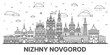 Outline Nizhny Novgorod Russia city skyline with modern and historic buildings isolated on white. Vector illustration. Nizhny Novgorod cityscape with landmarks.