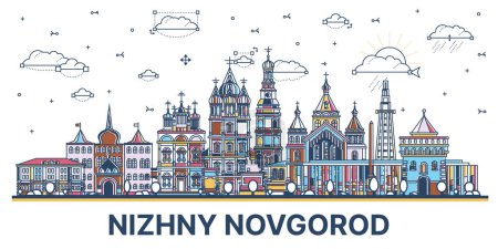 Photo for Outline Nizhny Novgorod Russia city skyline with colored modern and historic buildings isolated on white. Vector illustration. Nizhny Novgorod cityscape with landmarks. - Royalty Free Image