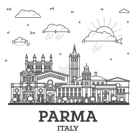 Téléchargez les illustrations : Outline Parma Italy City Skyline with Historic Buildings Isolated on White. Vector Illustration. Parma Cityscape with Landmarks. - en licence libre de droit