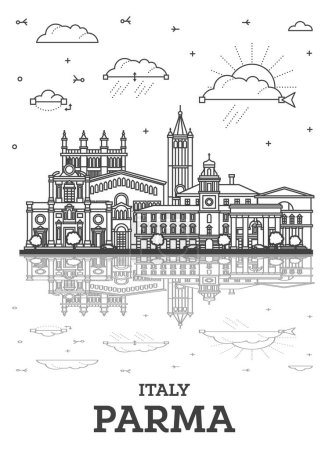 Ilustración de Outline Parma Italy City Skyline with Historic Buildings and Reflections Isolated on White. Vector Illustration. Parma Cityscape with Landmarks. - Imagen libre de derechos