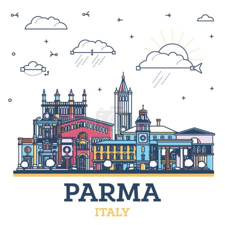 Téléchargez les illustrations : Outline Parma Italy City Skyline with Colored Historic Buildings Isolated on White. Vector Illustration. Parma Cityscape with Landmarks. - en licence libre de droit