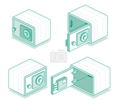Photo for Isometric safe with open and closed doors. Outline object isolated on white background. Vector illustration. Icon of security. Empty safe shown from different angles. - Royalty Free Image