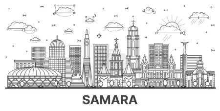 Téléchargez les illustrations : Décrivez Samara Russie ville skyline avec des bâtiments modernes et historiques isolés sur blanc. Illustration vectorielle. Paysage urbain de Samara avec des monuments. - en licence libre de droit