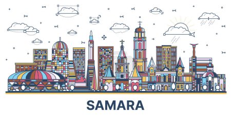 Ilustración de Esquema Samara Rusia horizonte de la ciudad con edificios modernos e históricos de colores aislados en blanco. Ilustración vectorial. Paisaje urbano de Samara con monumentos. - Imagen libre de derechos
