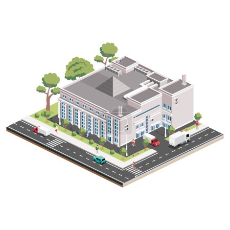 Isometric shopping mall. Infographic element. Supermarket building. Vector illustration. People, trucks and trees with green leaves isolated on white background.