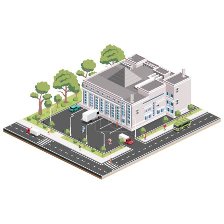 Centro comercial isométrico. Elemento infográfico. Edificio de supermercados. Ilustración vectorial. Personas, camiones y árboles con hojas verdes aisladas sobre fondo blanco.