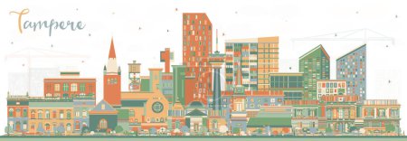 Téléchargez les illustrations : Tampere Finlande ville skyline avec des bâtiments de couleur. Illustration vectorielle. Paysage urbain de Tampere avec des monuments. Concept de voyage d'affaires et de tourisme à l'architecture moderne et historique. - en licence libre de droit
