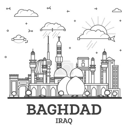 Ilustración de Esquema Bagdad Ciudad de Irak Skyline con edificios históricos aislados en blanco. Ilustración vectorial. Bagdad Paisaje urbano con lugares de interés. - Imagen libre de derechos