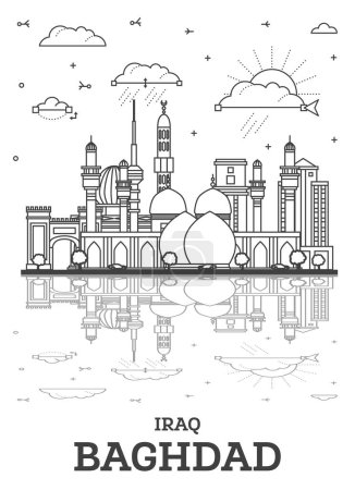 Outline Baghdad Iraq City Skyline with Historic Buildings and Reflections Isolated on White. Vector Illustration. Baghdad Cityscape with Landmarks.
