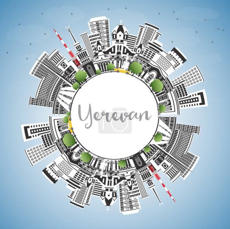 Yerevan Armenia City Skyline with Color Buildings, Blue Sky and Copy Space. Vector Illustration. Yerevan Cityscape with Landmarks. Business Travel and Tourism Concept with Historic Architecture.