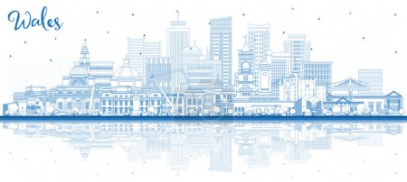 Décrivez Wales City Skyline avec des bâtiments bleus et des reflets. Illustration vectorielle. Concept avec architecture historique. Paysage urbain du Pays de Galles avec des monuments. Cardiff. Swansea. Newport.