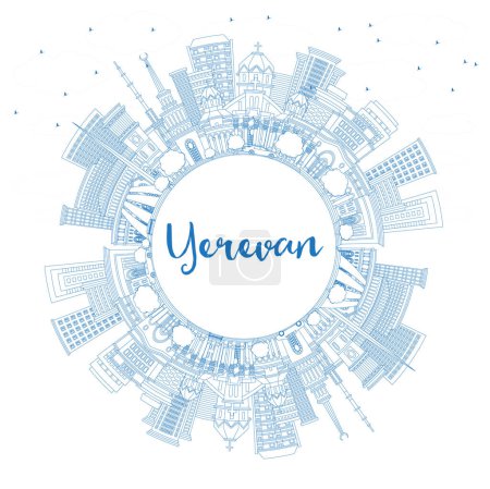 Outline Yerevan Armenia City Skyline with Blue Buildings and Copy Space. Vector Illustration. Yerevan Cityscape with Landmarks. Business Travel and Tourism Concept with Historic Architecture.