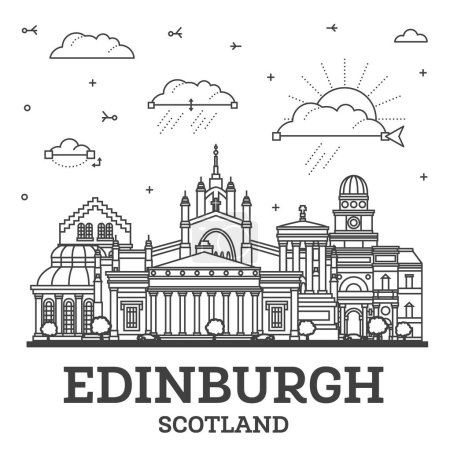 Téléchargez les illustrations : Décrivez Edinburgh Scotland City Skyline avec des bâtiments modernes et historiques isolés sur blanc. Illustration vectorielle. Paysage urbain d'Édimbourg avec des monuments. - en licence libre de droit