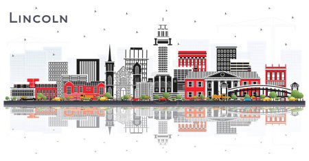 Ilustración de Lincoln Nebraska City Skyline con edificios de color y reflexiones aisladas en blanco. Ilustración vectorial. Concepto de Turismo con Arquitectura Histórica. Lincoln USA Paisaje urbano con monumentos. - Imagen libre de derechos