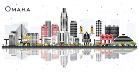 Ilustración de Omaha Nebraska City Skyline con edificios de color y reflexiones aisladas en blanco. Ilustración vectorial. Concepto de Viaje y Turismo con Arquitectura Histórica. Omaha USA Paisaje urbano con monumentos. - Imagen libre de derechos