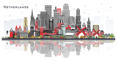 Netherlands Skyline with Gray Buildings and reflections Isolated on White. Vector Illustration. Tourism with Historic Architecture. Cityscape with Landmarks. Amsterdam. Rotterdam. The Hague. Utrecht.