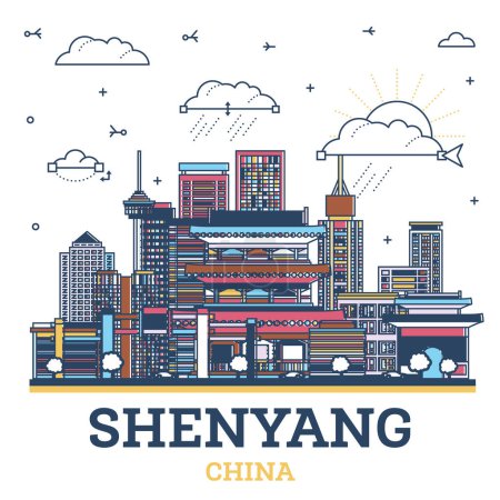 Umriss Shenyang China City Skyline mit farbigen modernen und historischen Gebäuden isoliert auf weiß. Vektorillustration. Shenyang Stadtbild mit Sehenswürdigkeiten.