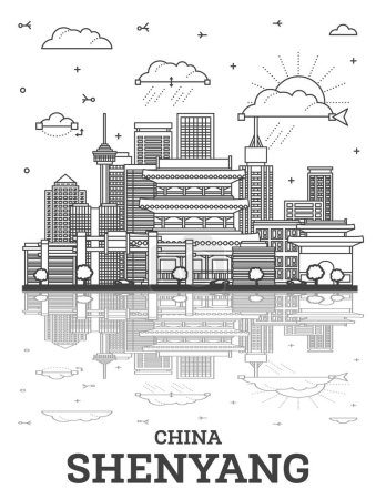 Outline Shenyang China City Skyline with Reflections, Modern and Historic Buildings Isolated on White. Vector Illustration. Shenyang Cityscape with Landmarks.