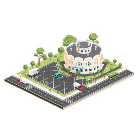 Isometric shopping mall. Infographic element. Supermarket building. Vector illustration. People, trucks and trees with green leaves isolated on white background.