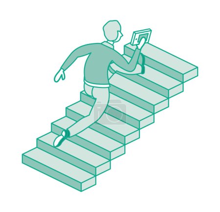 Illustration for Man run up set of stairs. He is holding book in hand. Isometric concept of success, urgency and determination. Businessman climbing stairs of success. Outline concept. Vector illustration. - Royalty Free Image