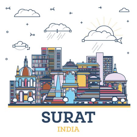 Photo for Outline Surat India City Skyline with Colored Modern and Historic Buildings Isolated on White. Vector Illustration. Surat Cityscape with Landmarks. - Royalty Free Image