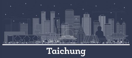 Téléchargez les illustrations : Contour Taichung Taiwan City Skyline avec des bâtiments blancs. Illustration vectorielle. Business Travel and Tourism Concept with Historic Architecture. Taichung Chine Paysage urbain avec des monuments. - en licence libre de droit