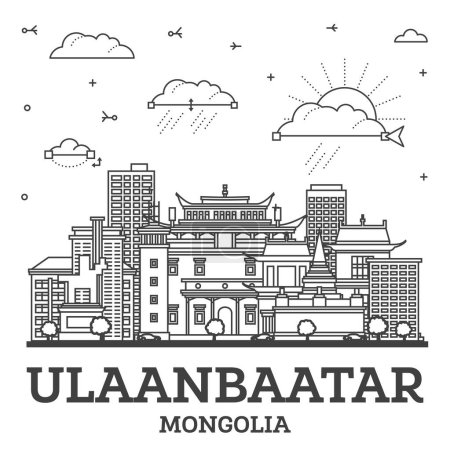 Téléchargez les illustrations : Décrivez Oulan-Bator Mongolie City Skyline avec des bâtiments modernes et historiques isolés sur blanc. Illustration vectorielle. Paysage urbain d'Oulan-Bator avec des monuments. - en licence libre de droit
