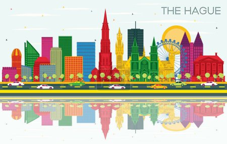 Ilustración de The Hague Netherlands City Skyline with Color Buildings, Blue Sky and Reflections. Concepto de viajes de negocios y turismo con arquitectura histórica. Paisaje urbano de La Haya con hitos
. - Imagen libre de derechos