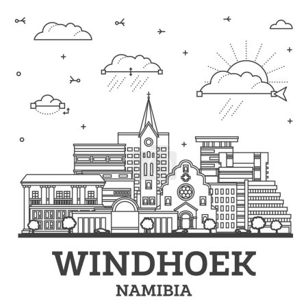 Téléchargez les illustrations : Décrivez Windhoek Namibia City Skyline avec des bâtiments modernes et historiques isolés sur blanc. Illustration vectorielle. Windhoek Paysage urbain avec des monuments. - en licence libre de droit