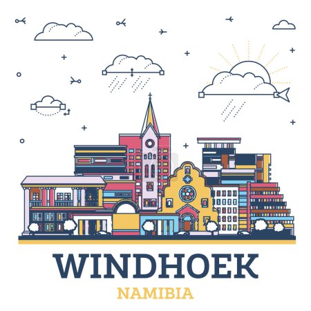 Téléchargez les illustrations : Découvrir Windhoek Namibia City Skyline avec des bâtiments modernes et historiques colorés isolés sur blanc. Illustration vectorielle. Windhoek Paysage urbain avec des monuments. - en licence libre de droit