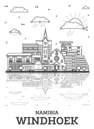 Outline Windhoek Namibia City Skyline with Modern Buildings and Reflections Isolated on White. Vector Illustration. Windhoek Cityscape with Landmarks.