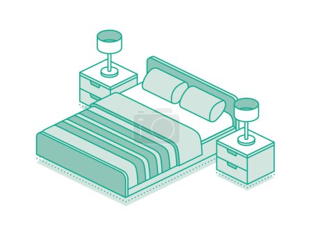 Illustration for Isometric bed with blanket, pillows and two nightstands with lamps. Vector illustration. Outline objects isolated on white background. - Royalty Free Image