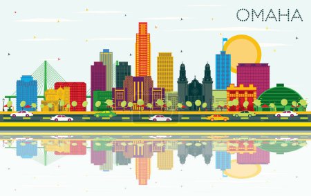 Omaha Nebraska City Skyline con edificios a color, cielo azul y reflexiones. Ilustración vectorial. Concepto de viajes de negocios y turismo con arquitectura histórica. Omaha USA Paisaje urbano con monumentos
.