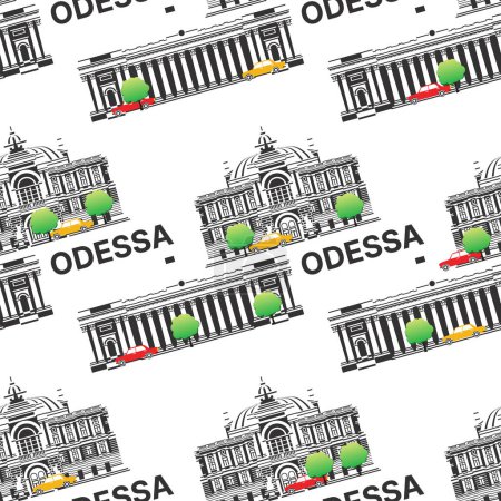 Photo for Seamless pattern with landmarks of Odessa. Vector illustration. Odesa Opera and Ballet Theatre with City Hall. Green tree with cars. - Royalty Free Image