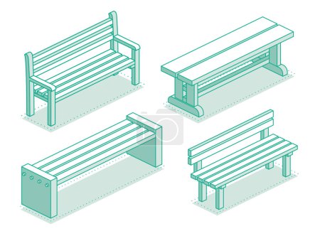 Photo for Collection of modern street benches. Vector illustration. Isometric outline objects isolated on clean white background. Perfect for representing public spaces, urban planning, and modern architecture. - Royalty Free Image