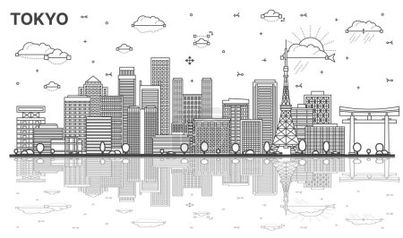Photo for Outline Tokyo Japan city skyline with modern and historic buildings and refletions isolated on white. Tokyo cityscape with landmarks. - Royalty Free Image