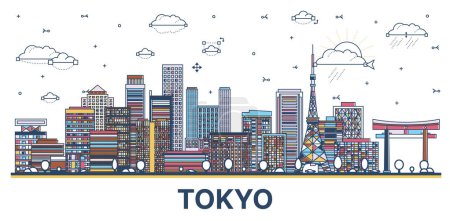 Photo for Outline Tokyo Japan city skyline with colored modern and historic buildings isolated on white. Vector illustration. Tokyo cityscape with landmarks. - Royalty Free Image