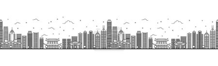 Seamless pattern with outline Hong Kong China City Skyline. Modern Buildings Isolated on White. Vector Illustration. Hong Kong Cityscape with Landmarks.