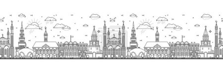 Photo for Seamless pattern with outline Kazan Russia city skyline. Modern and historic buildings isolated on white. Vector illustration. Kazan cityscape with landmarks. - Royalty Free Image