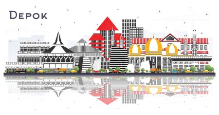 Depok Indonesia City Skyline mit farbigen Gebäuden und Spiegelungen Isoliert auf Weiß. Vektorillustration. Geschäftsreisen und Konzept mit moderner Architektur. Depok Stadtbild mit Wahrzeichen. 